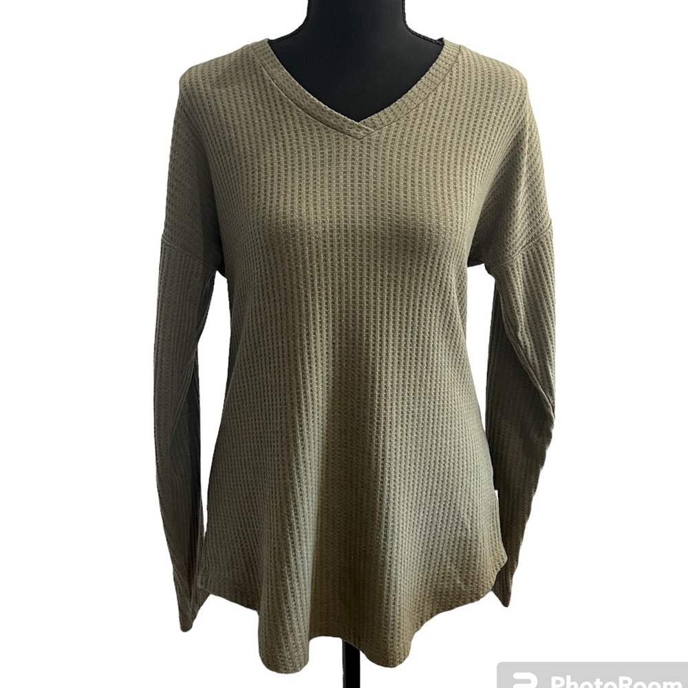 Green Boyfriend Fit Waffle Knit V Neck